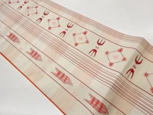 抽象向かい鳥に菱・縞模様織出し袋帯